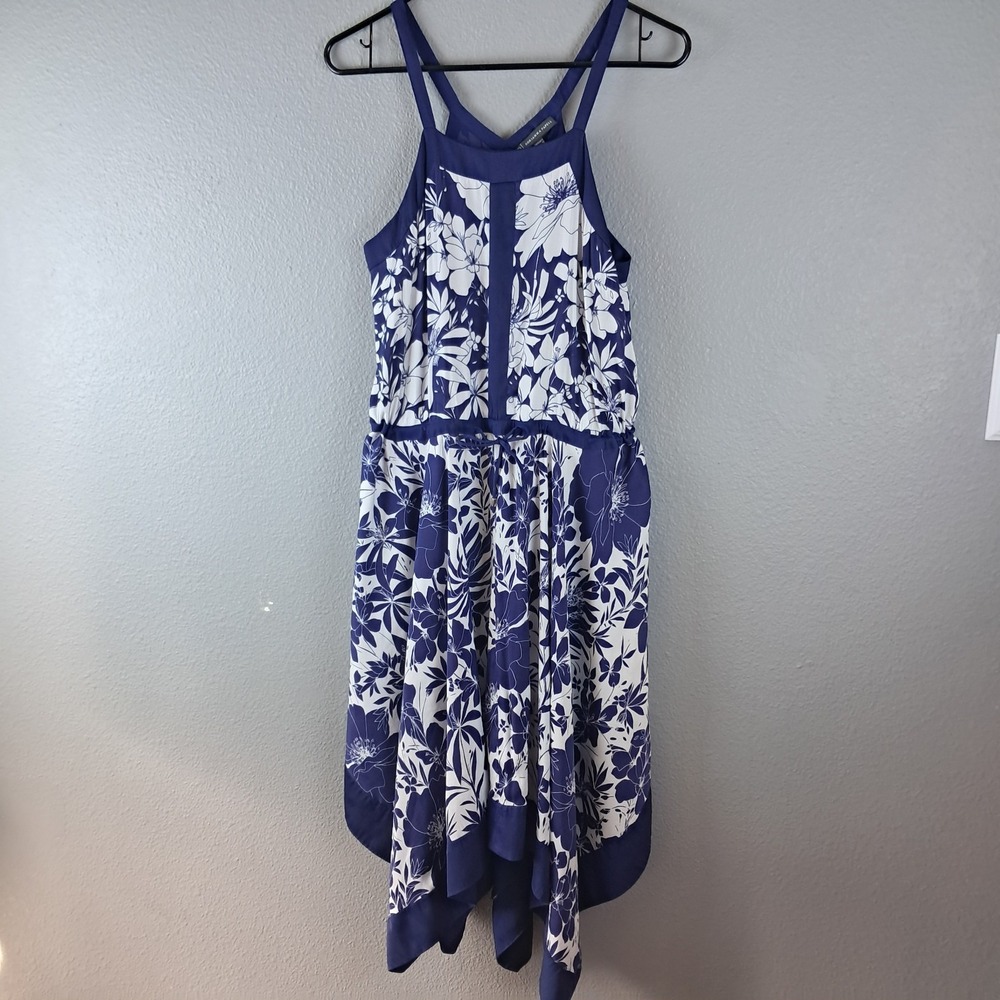 Adrianna Papell Dress Women's Blue White Floral Fit & Flare High-Low Midi Dress